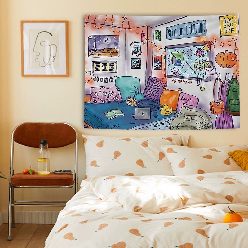 Cartoon-Style Cotton Bedside Tapestry for Dormitory Decor - Julia M LifeStyles