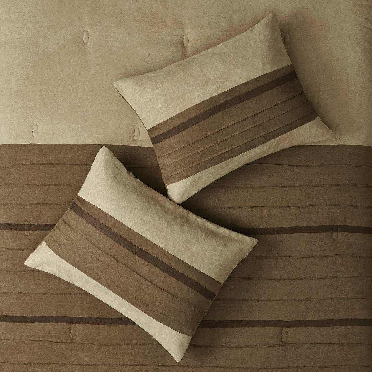 Luxurious 7 PC Pieced Faux Suede Comforter Set in Natural for Queen Size Beds