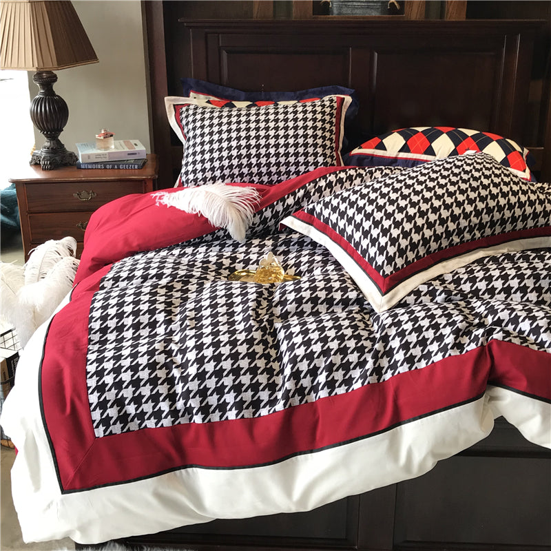 American Retro Cotton Velvet Houndstooth Bedding Set in Retro Red