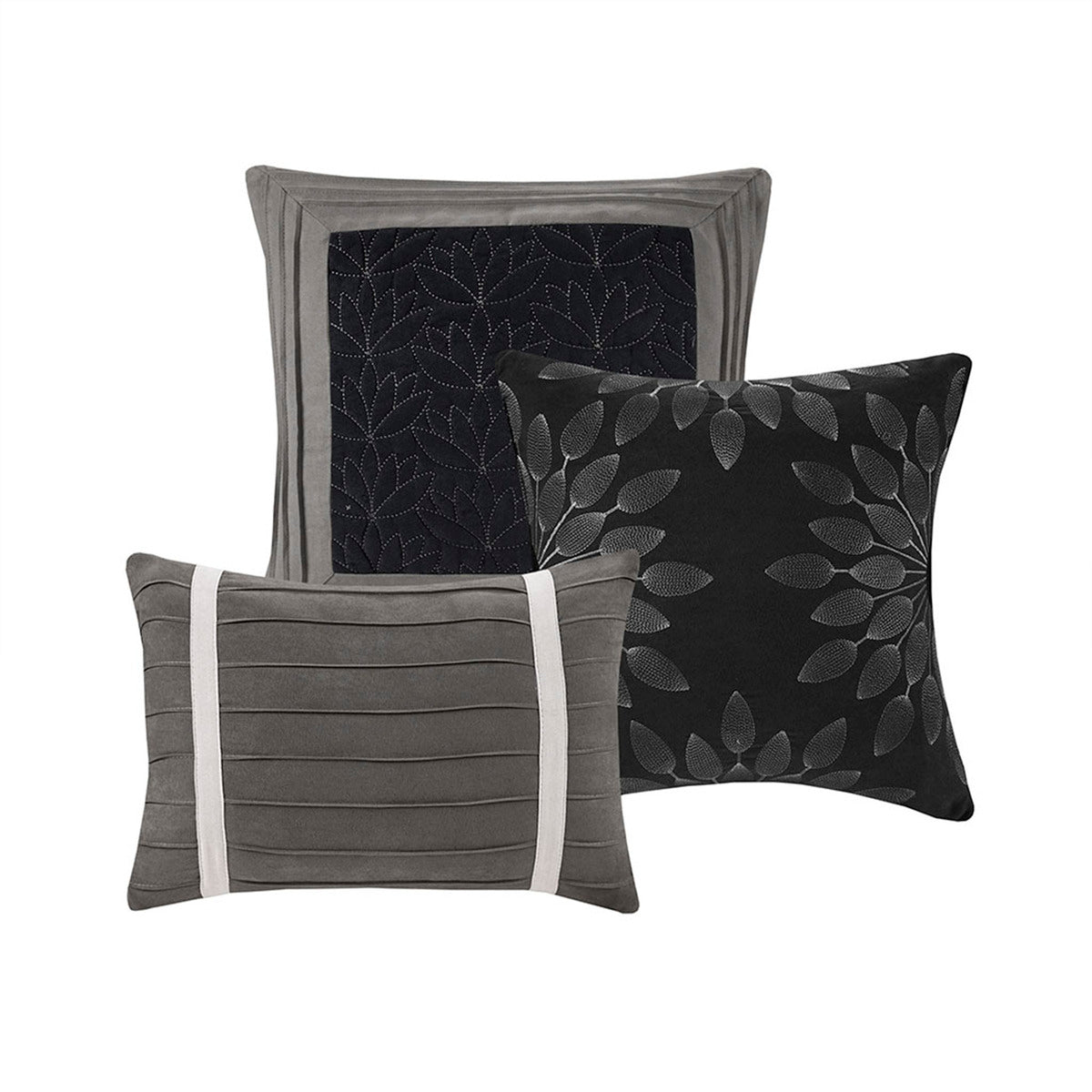 7 PC Pieced Faux Suede Comforter Set in Black - Queen Size