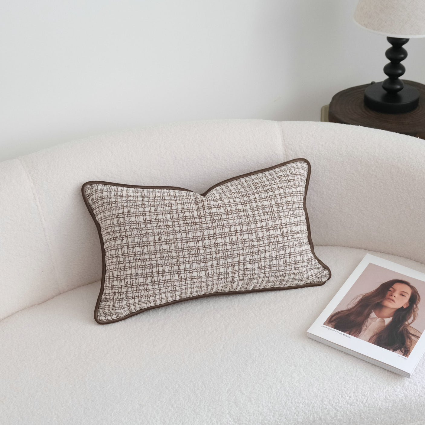 Light-luxury Brown-toned Piping Cushion Patchwork Lumbar Pillowcase