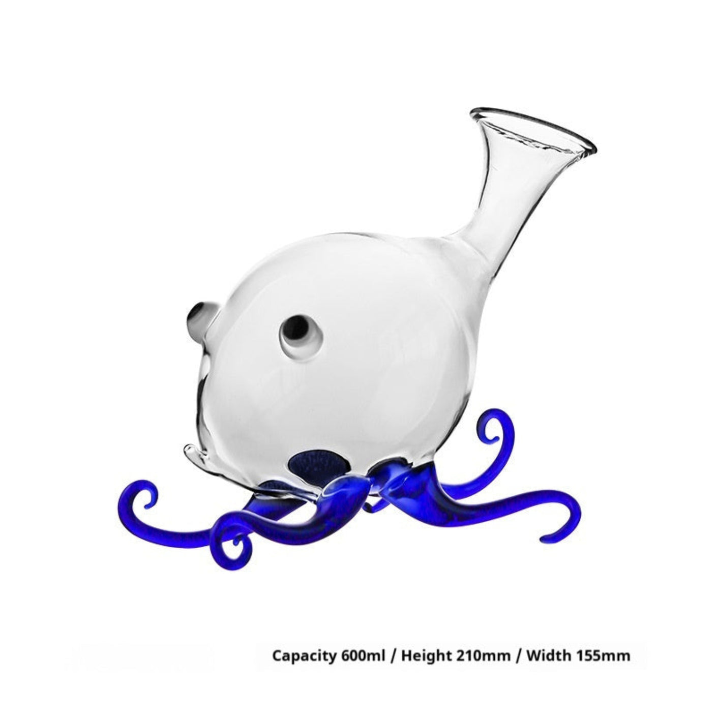 Glass octopus-shaped container with blue tentacles on a white background