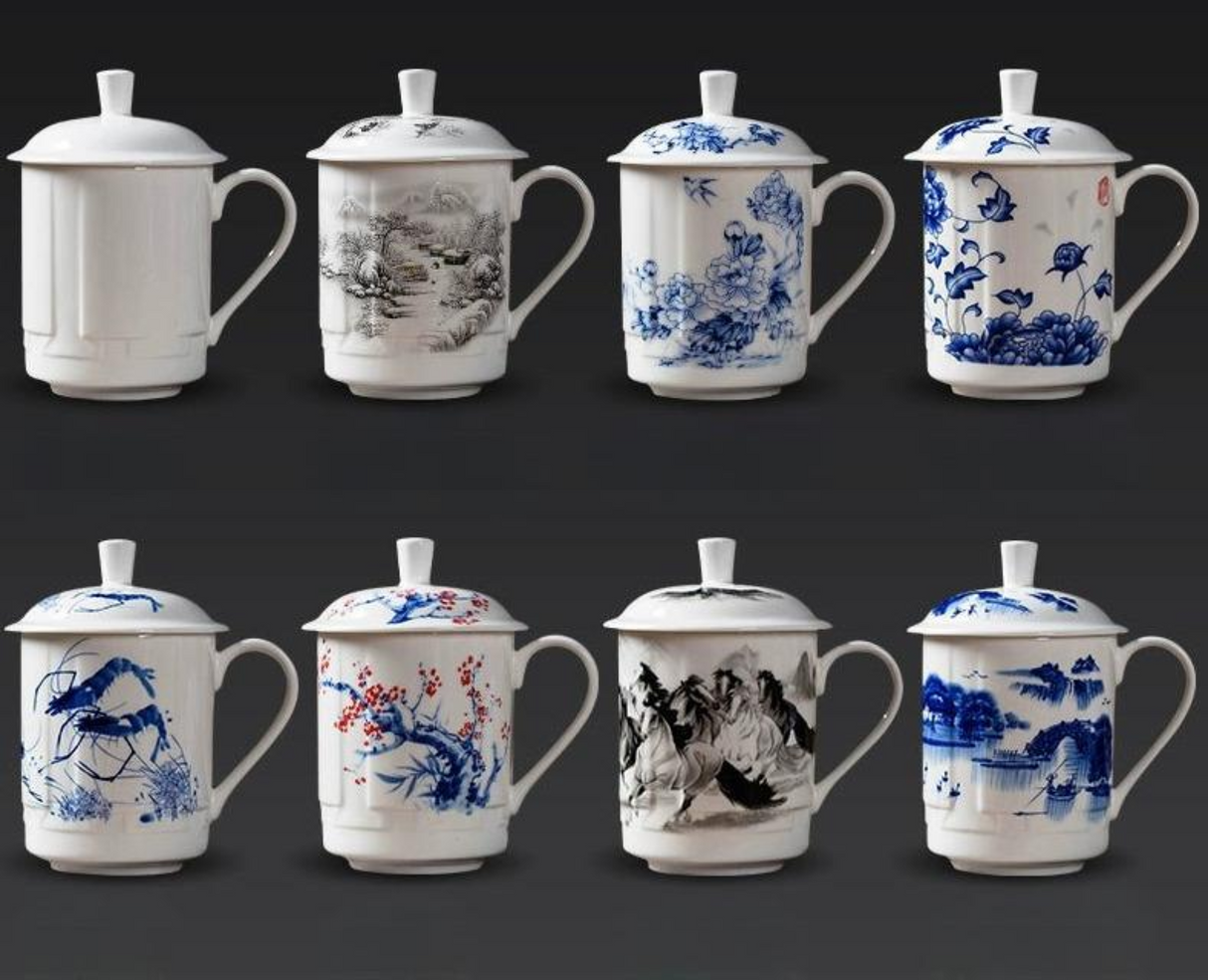 Elegant Blue and White Porcelain Tea Cup with Lid Julia M Home & Kitchen