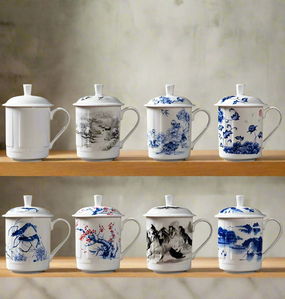 Elegant Blue and White Porcelain Cup with Lid for Tea Brewing - Julia M LifeStyles