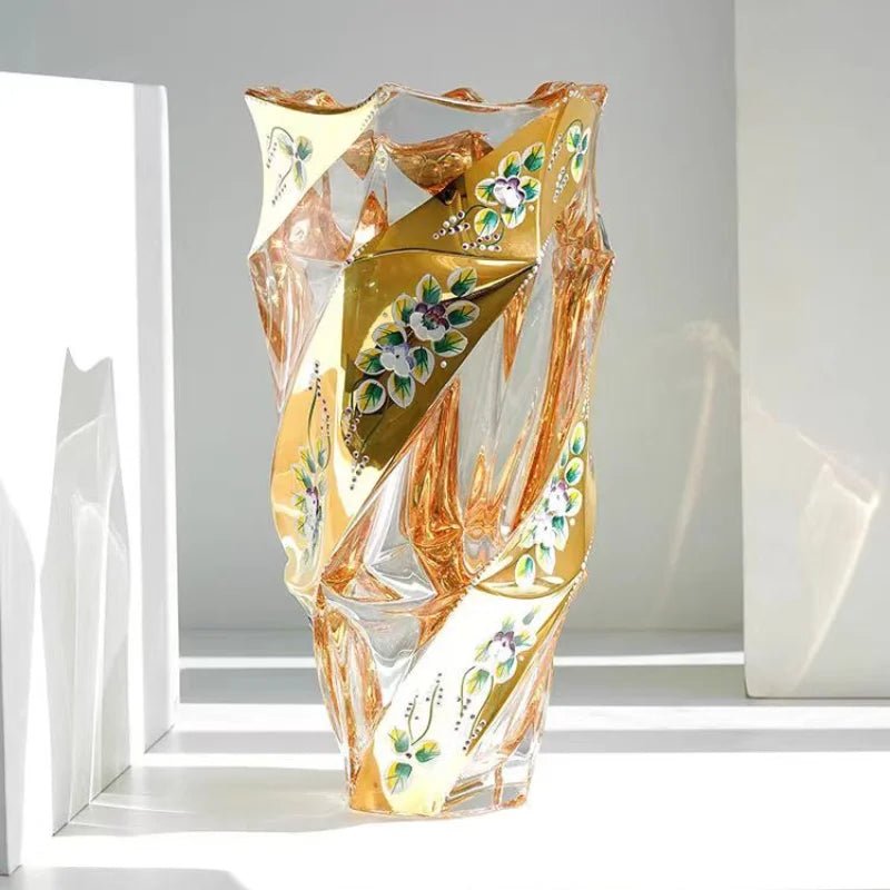 Elegant European Crystal Glass Vase with Gold Painted Enamel - Julia M LifeStyles