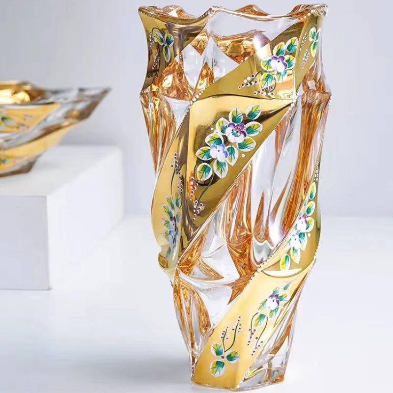 Elegant European Crystal Glass Vase with Gold Painted Enamel - Julia M LifeStyles