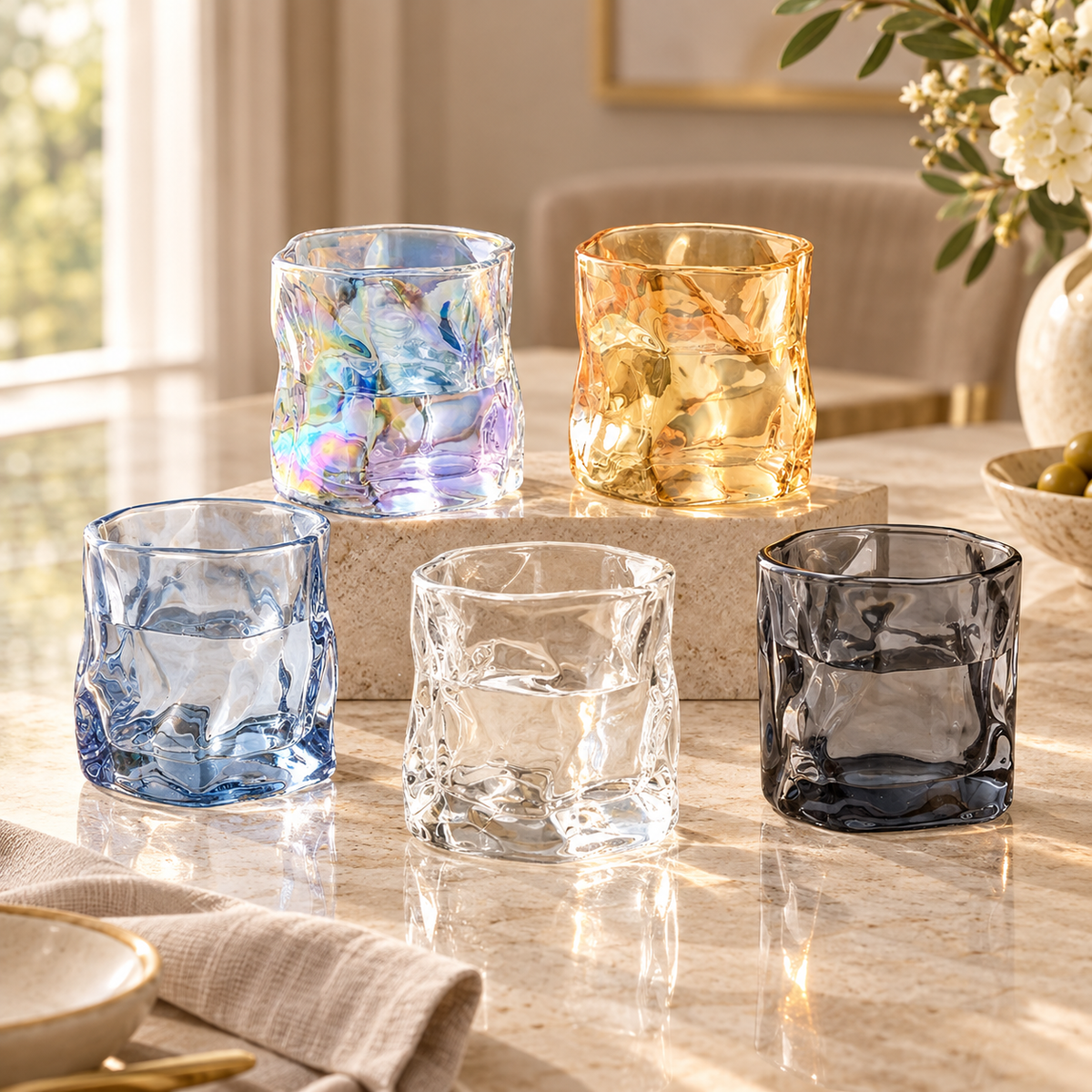Five textured glass tumblers with a wavy, hammered finish are arranged on a marble table in a bright, sunlit dining setting. The glasses come in translucent blue, amber-gold, iridescent multicolor, clear, and dark smoky gray-blue colors.