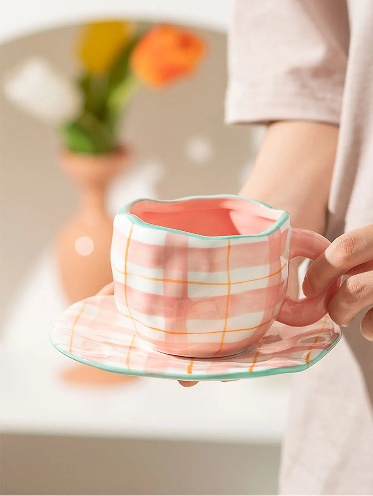 Hand-painted Flower Ceramic Coffee Cup Home Office Mug With Plate Spoon Breakfast Milk Juice Tea Handle Cup Gift Drinkware Set - Julia M LifeStyles