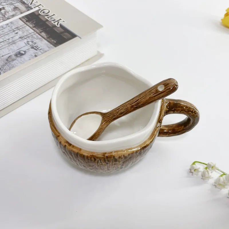 Ins Style Creativity Coconut Coffee Mug with Spoon Retro Hand Pinched Irregular Ceramic Mark Coffee Cup Oat Breakfast Water Cup - Julia M LifeStyles