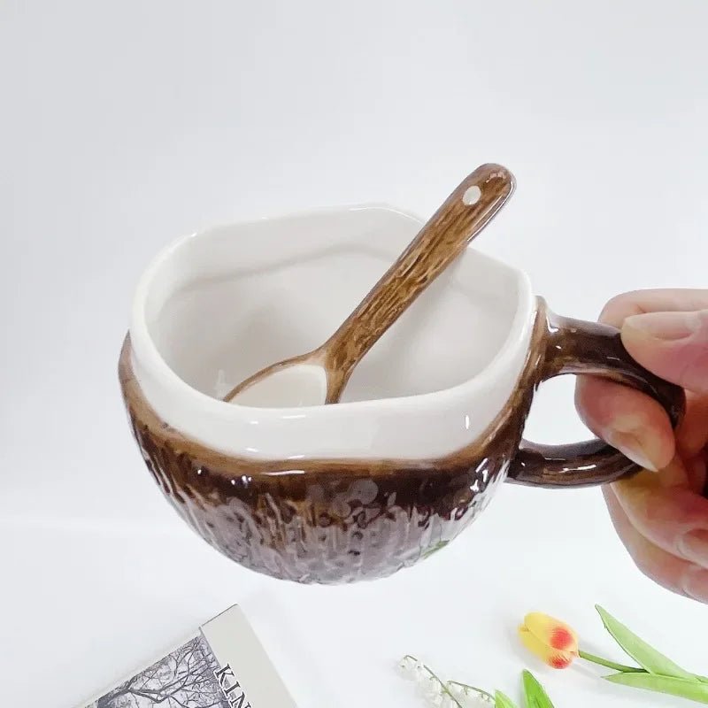 Ins Style Creativity Coconut Coffee Mug with Spoon Retro Hand Pinched Irregular Ceramic Mark Coffee Cup Oat Breakfast Water Cup - Julia M LifeStyles