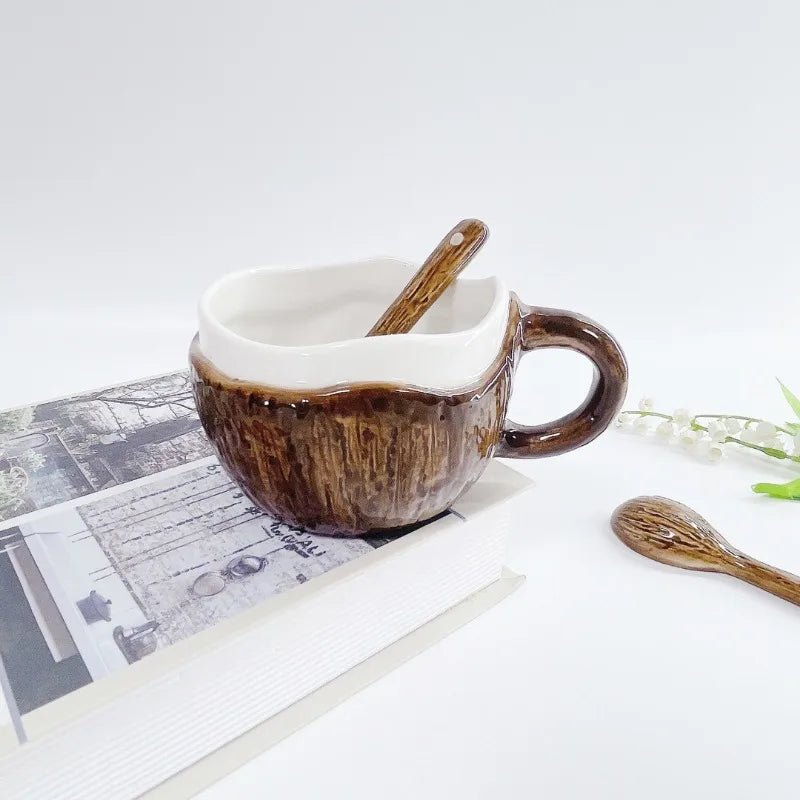 Ins Style Creativity Coconut Coffee Mug with Spoon Retro Hand Pinched Irregular Ceramic Mark Coffee Cup Oat Breakfast Water Cup - Julia M LifeStyles