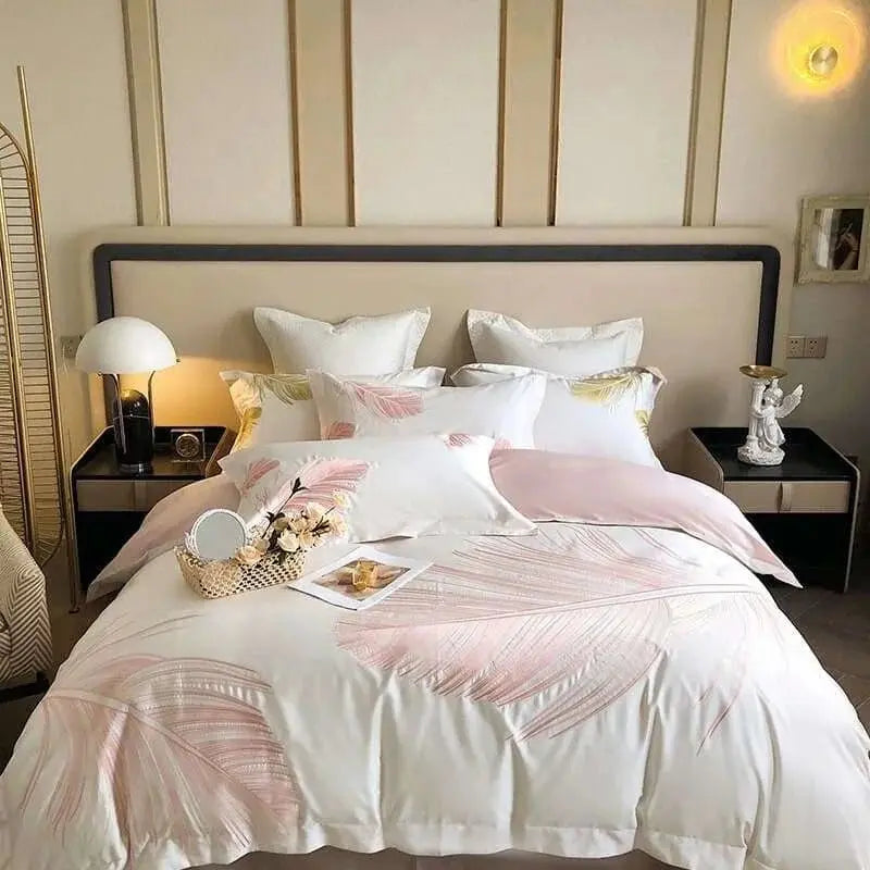 White 1000TC Egyptian Cotton Gold Feather Embroidery Luxury Bedding Set Quilt/Duvet Cover Set Bed Linen Pillow Shams Bedclothes - Julia M LifeStyles