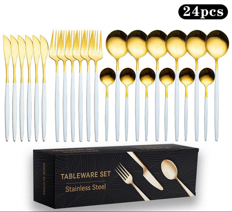 Cutlery Set Stainless Steel Knife Fork Set 24-Piece Tableware Set Golden Steak Knife Fork Spoon 6-Person Set eprolo
