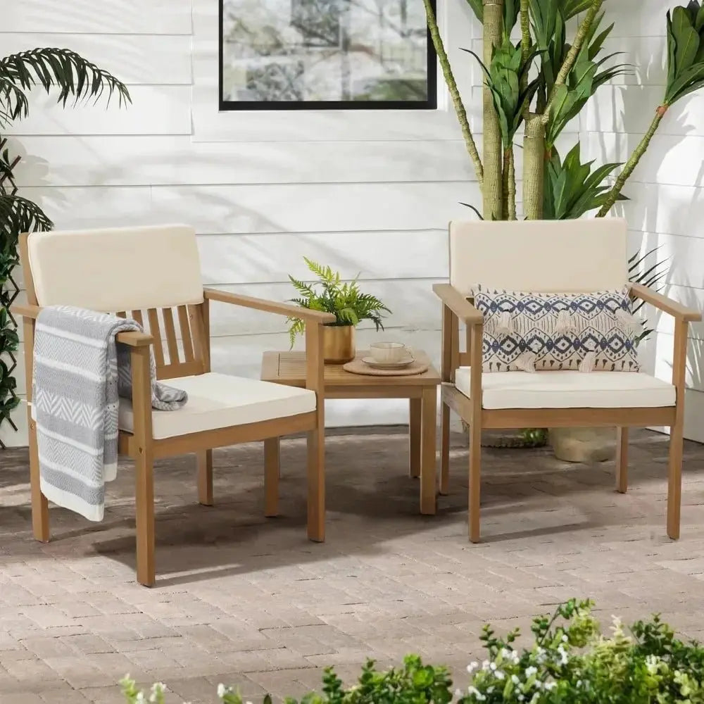Acacia Wood 3-Piece Outdoor Bistro Set with Cream Cushions - Julia M LifeStyles