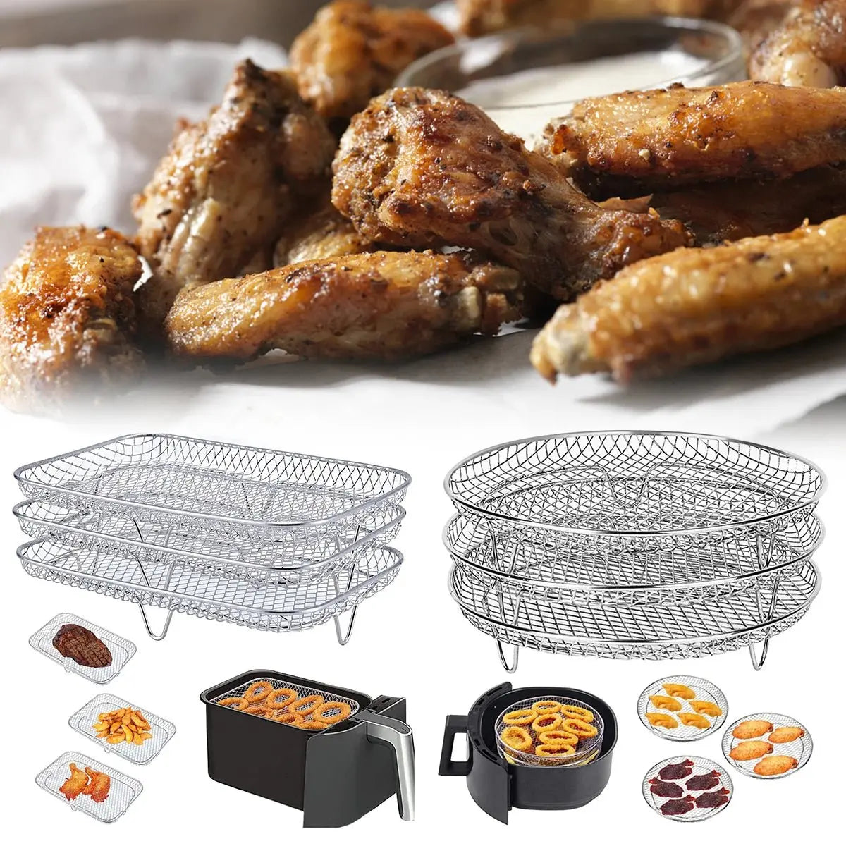 Stainless Steel Air Fryer Accessory Set with Three Stackable Racks and 10-Inch Liners - Julia M LifeStyles