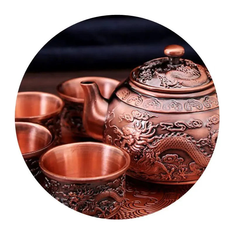 Dragon Phoenix 999 Pure Silver Tea Set - Teapot and 4 Cups in Elegant Leather Box - Julia M LifeStyles