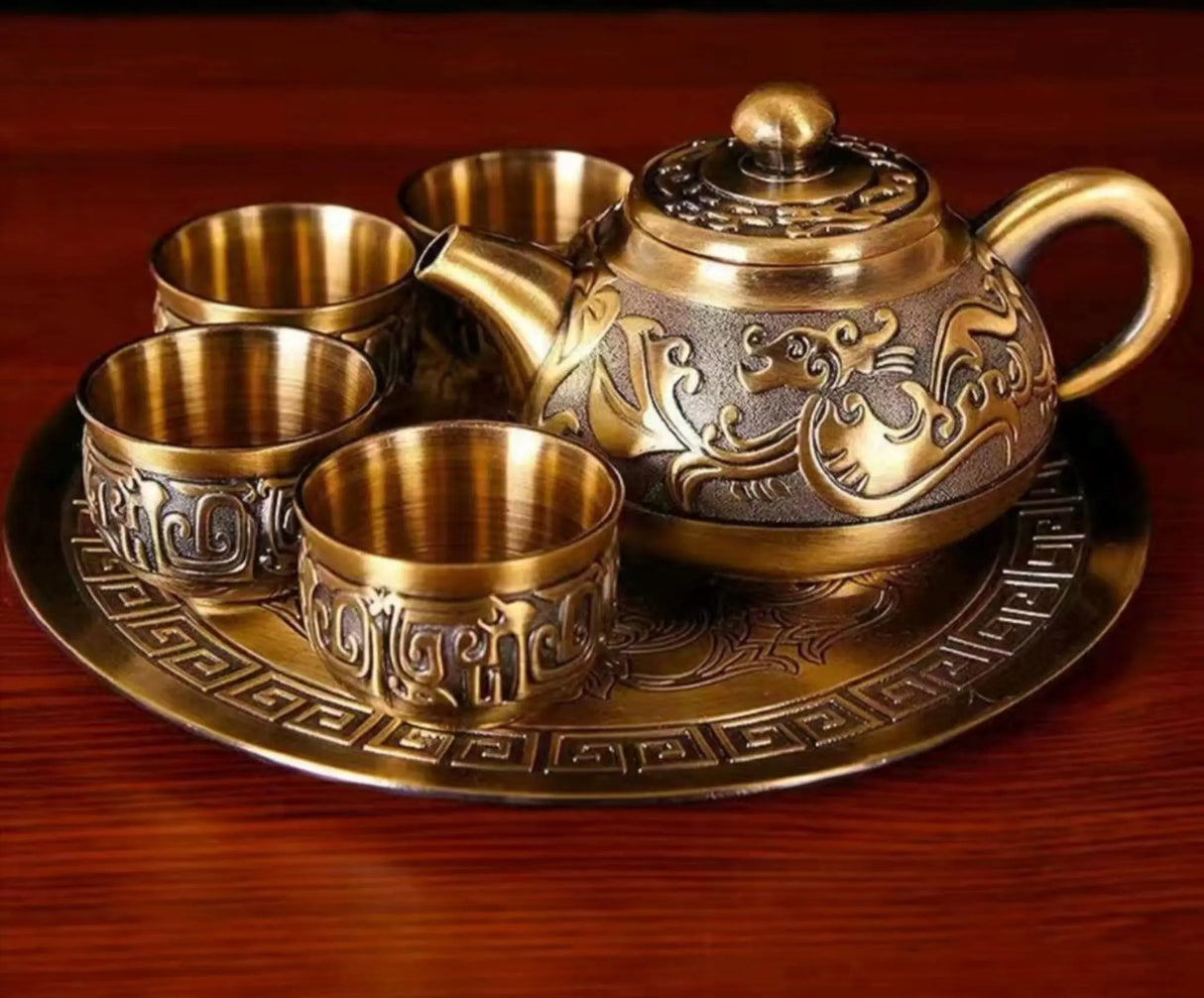 Dragon Phoenix 999 Pure Silver Tea Set - Teapot and 4 Cups in Elegant Leather Box - Julia M LifeStyles