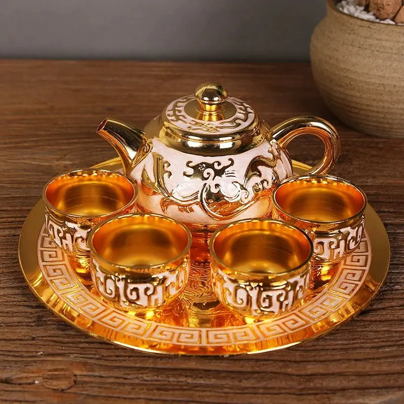 Dragon Phoenix 999 Pure Silver Tea Set - Teapot and 4 Cups in Elegant Leather Box - Julia M LifeStyles