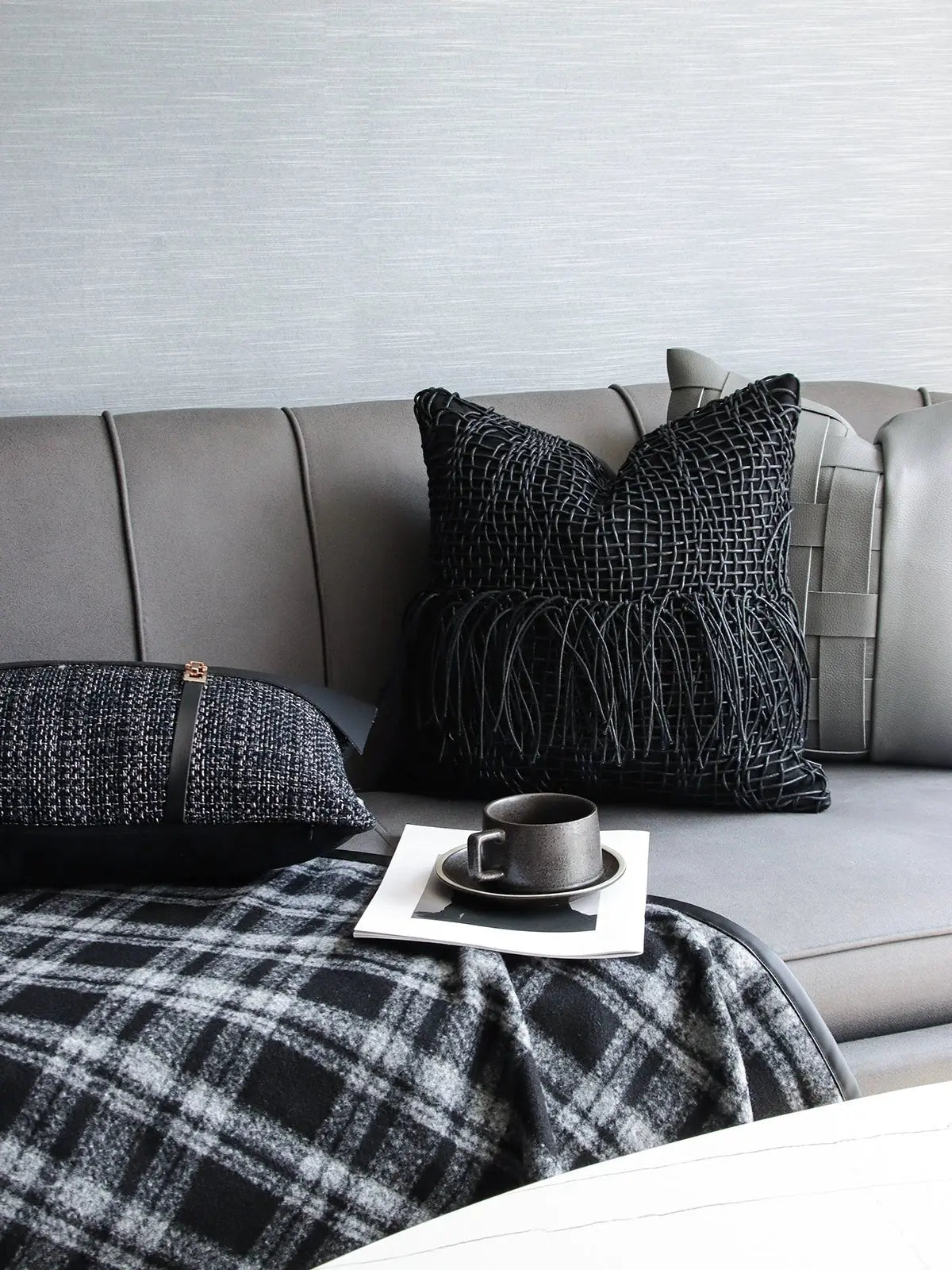 Modern Light Luxury Black and Gray Abstract Tassel Patchwork Minimalist Sofa Living Room Home Pillow Bedside Cushion Pillowcase - Julia M LifeStyles