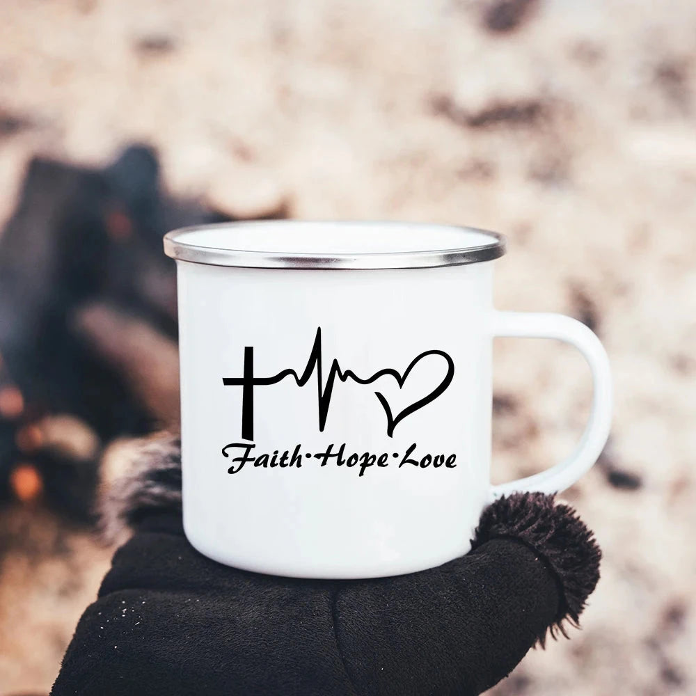 Faith Hope Love Print Christian Creative Enamel Mugs Outdoor Travel Coffee Cup Drink Dessert Milk Vintage Handle Drinkware Gift Julia M Home & Kitchen