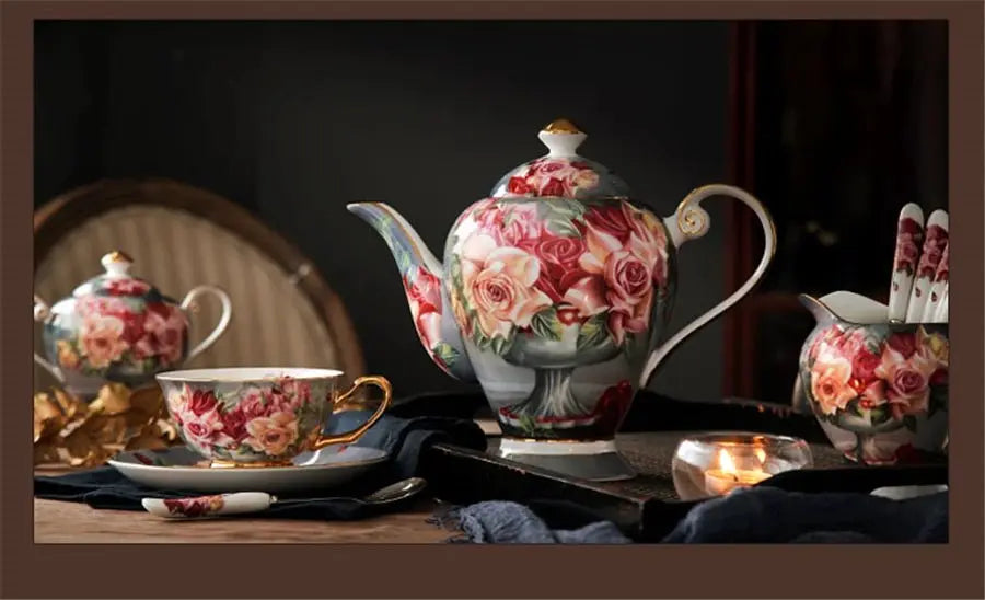 Retro Rose Euro Bone China Tea Cup & Saucer Set with Heart Plate - Julia M LifeStyles