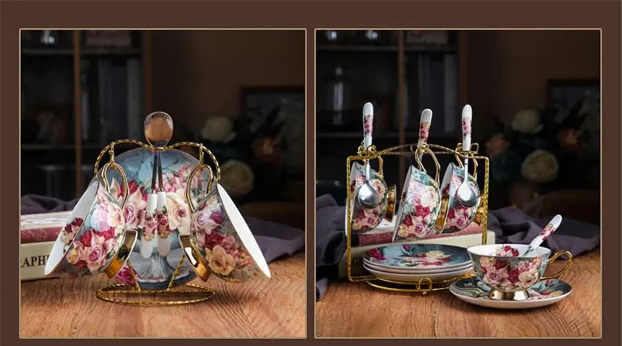 Retro Rose Euro Bone China Tea Cup & Saucer Set with Heart Plate - Julia M LifeStyles