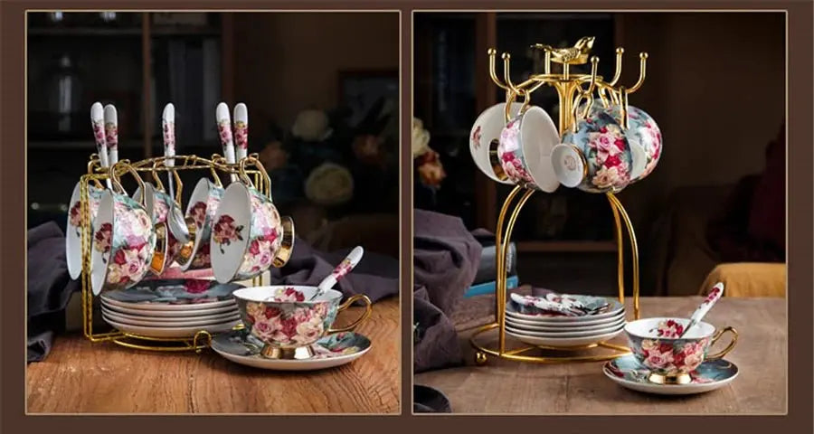 Retro Rose Euro Bone China Tea Cup & Saucer Set with Heart Plate - Julia M LifeStyles