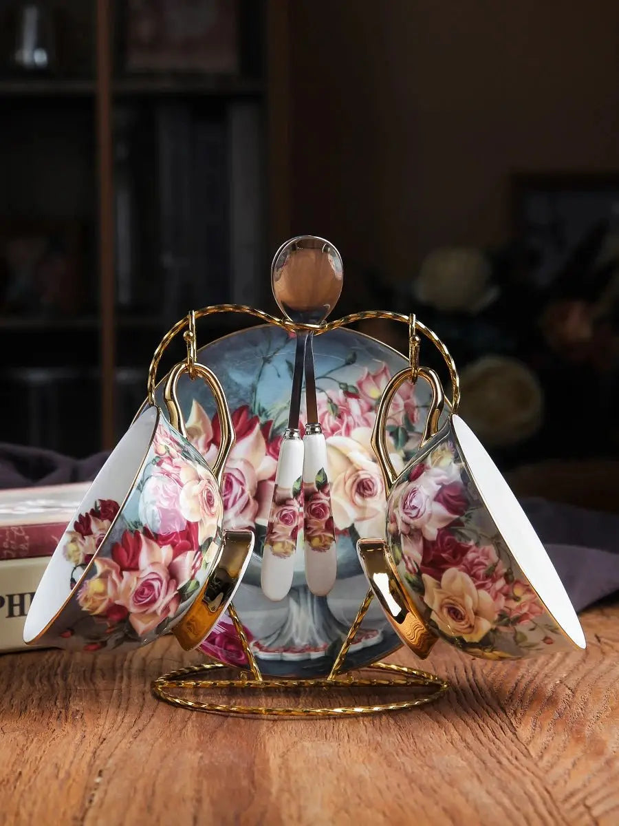 Retro Rose Euro Bone China Tea Cup & Saucer Set with Heart Plate - Julia M LifeStyles