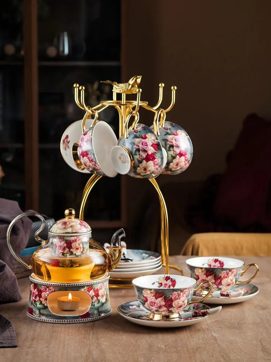 Retro Rose Euro Bone China Tea Cup & Saucer Set with Heart Plate - Julia M LifeStyles