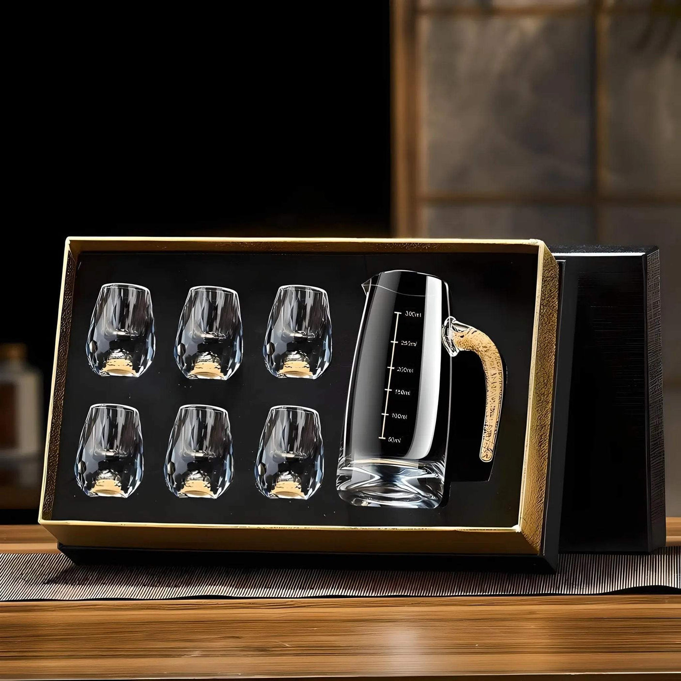 Crystal Elegance white wine glass set with gold accents and liquor dividers on a table
