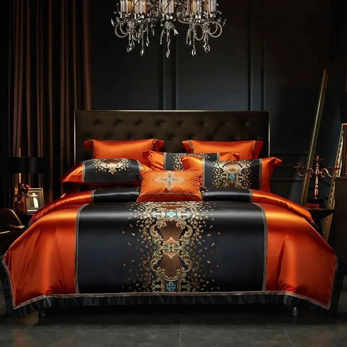 Luxury Black Red Silk Satin & Egyptian Cotton 8Pcs Bedding Set with Embroidery - Julia M LifeStyles