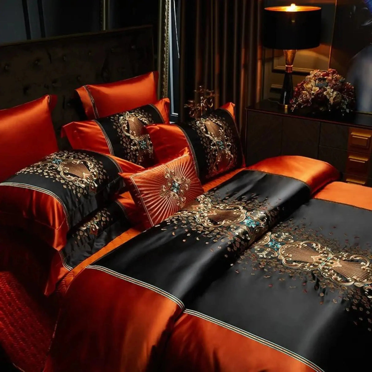 Luxury Black Red Silk Satin & Egyptian Cotton 8Pcs Bedding Set with Embroidery - Julia M LifeStyles