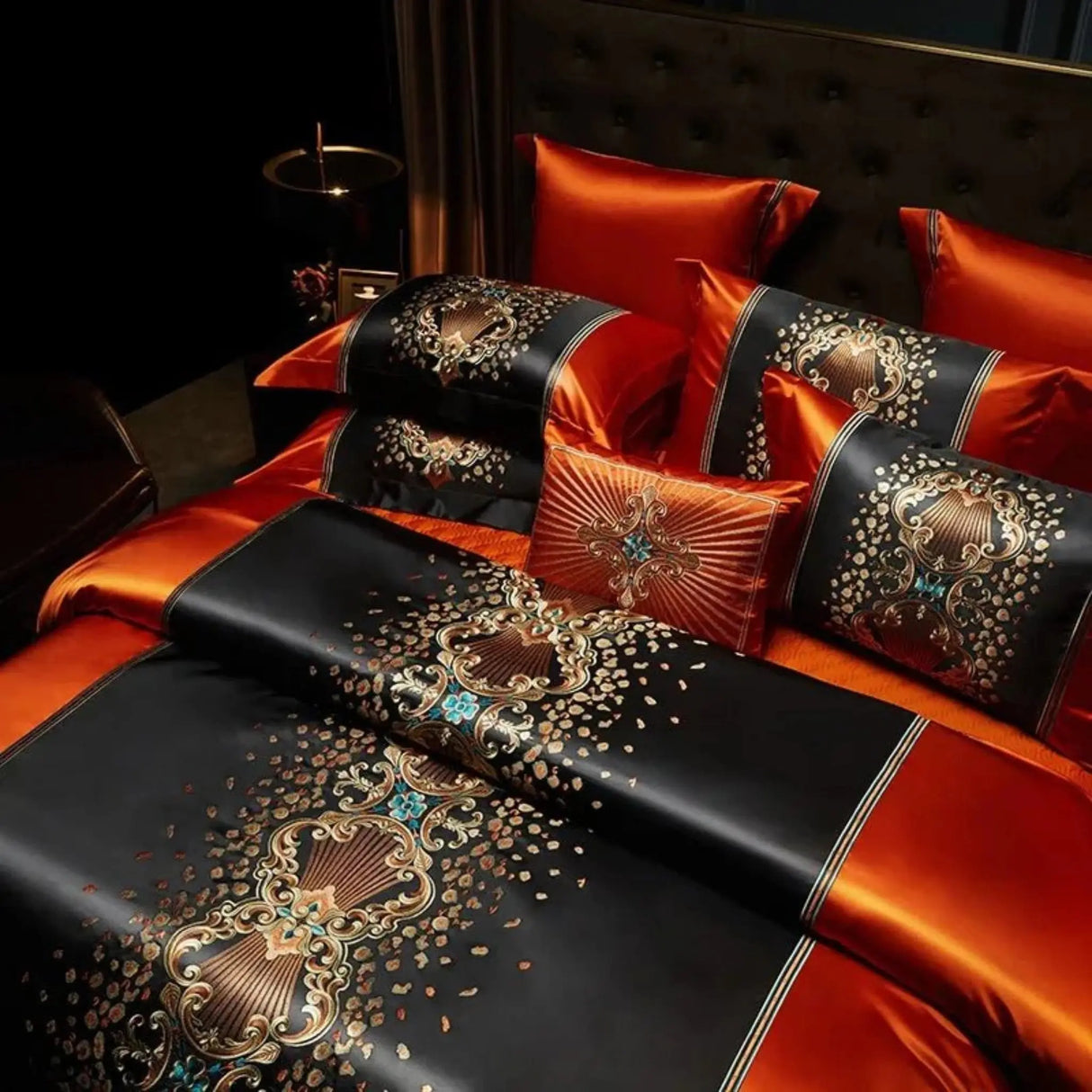 Luxury Black Red Silk Satin & Egyptian Cotton 8Pcs Bedding Set with Embroidery - Julia M LifeStyles