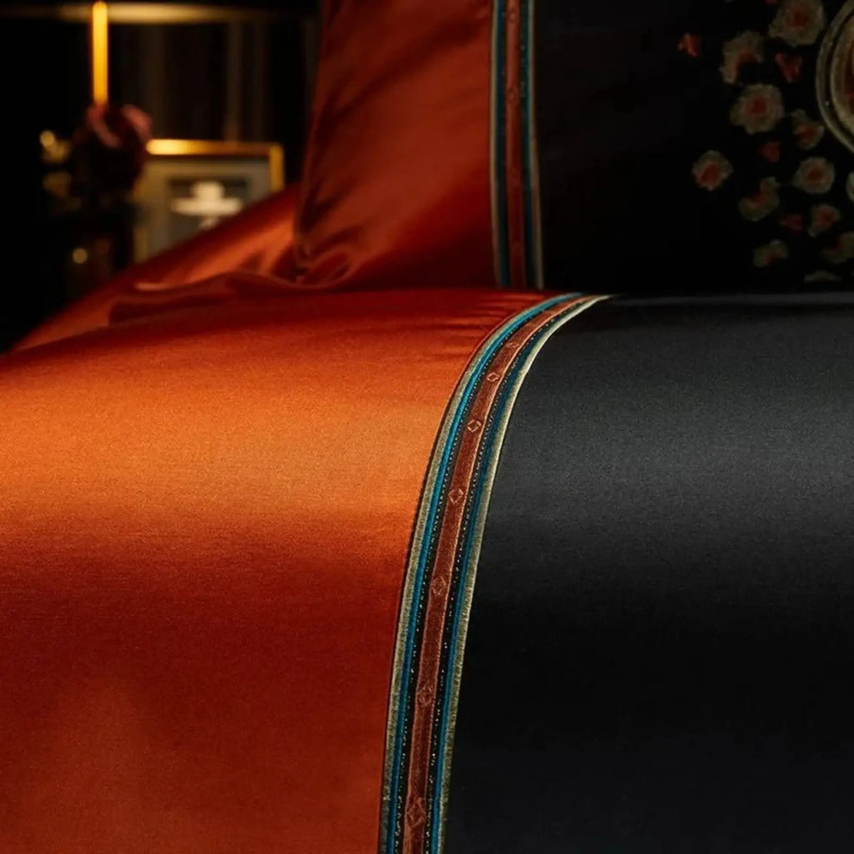 Luxury Black Red Silk Satin & Egyptian Cotton 8Pcs Bedding Set with Embroidery - Julia M LifeStyles