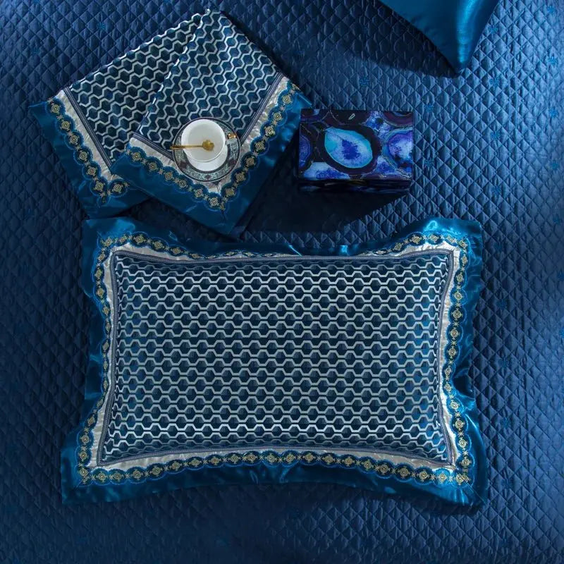 Blue Black Silk Satin Luxury Royal Bedding set Queen King size Bed set Bed/Flat sheet Bed spread set Pillowcase Duvet cover - Julia M LifeStyles