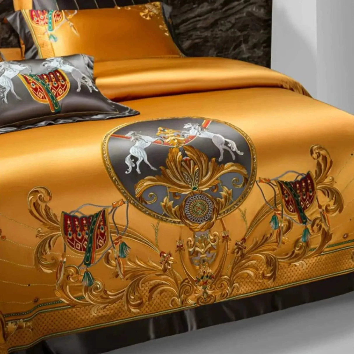 European embroidery palace style silk cotton bedspread set on 1.8M bed with elegant embroidery and luxurious satin weave