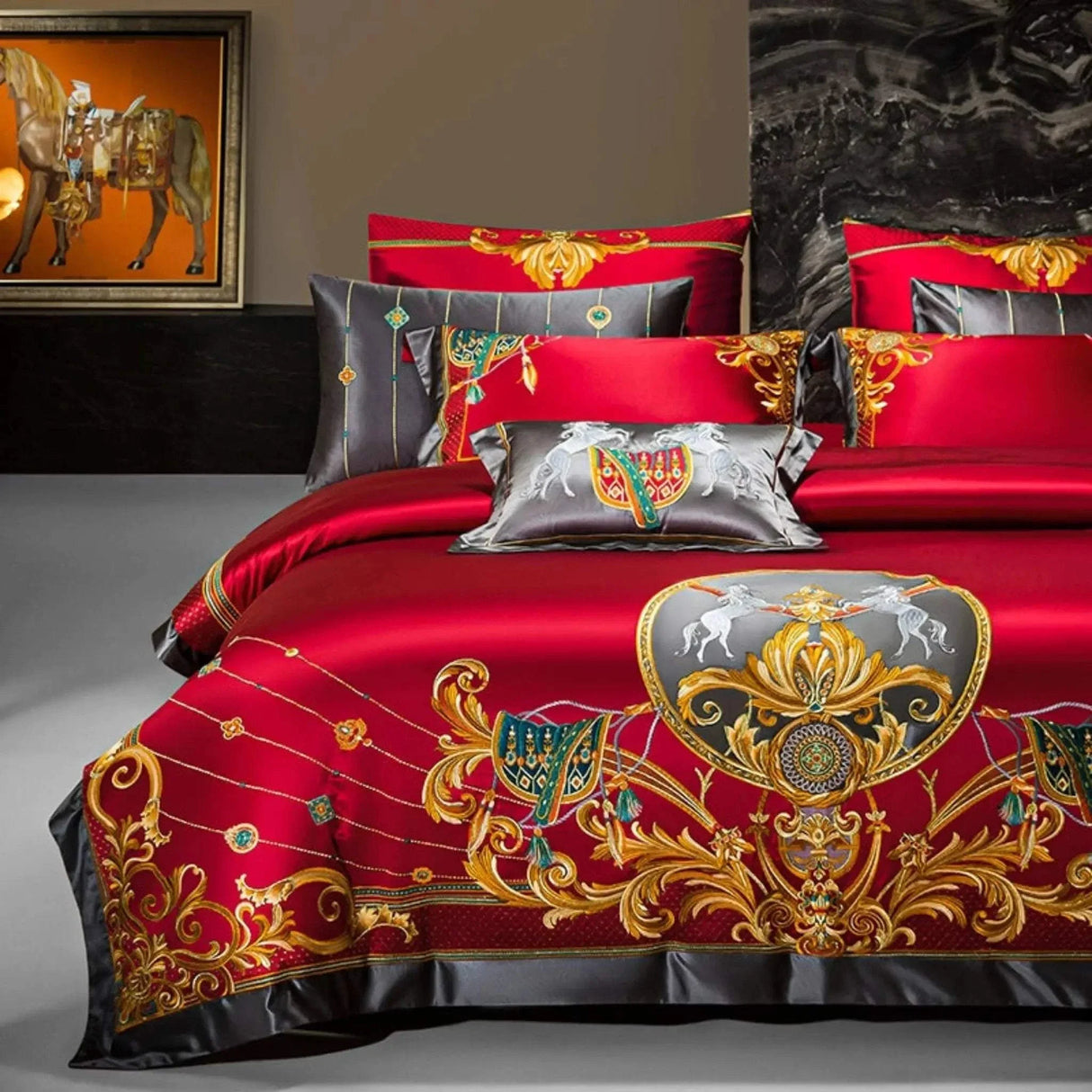European Embroidery palace style silk cotton bedspread set on 1.8M bed with intricate embroidery and luxurious satin weave