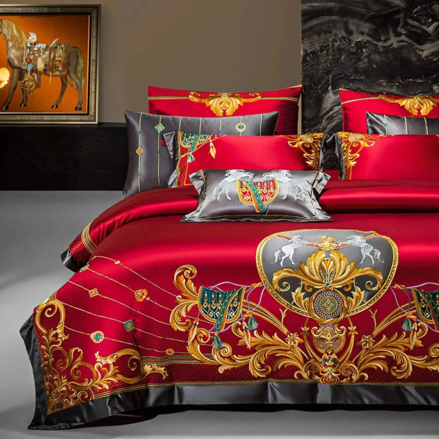 European Embroidery palace style silk cotton bedspread set on 1.8M bed with intricate embroidery and luxurious satin weave
