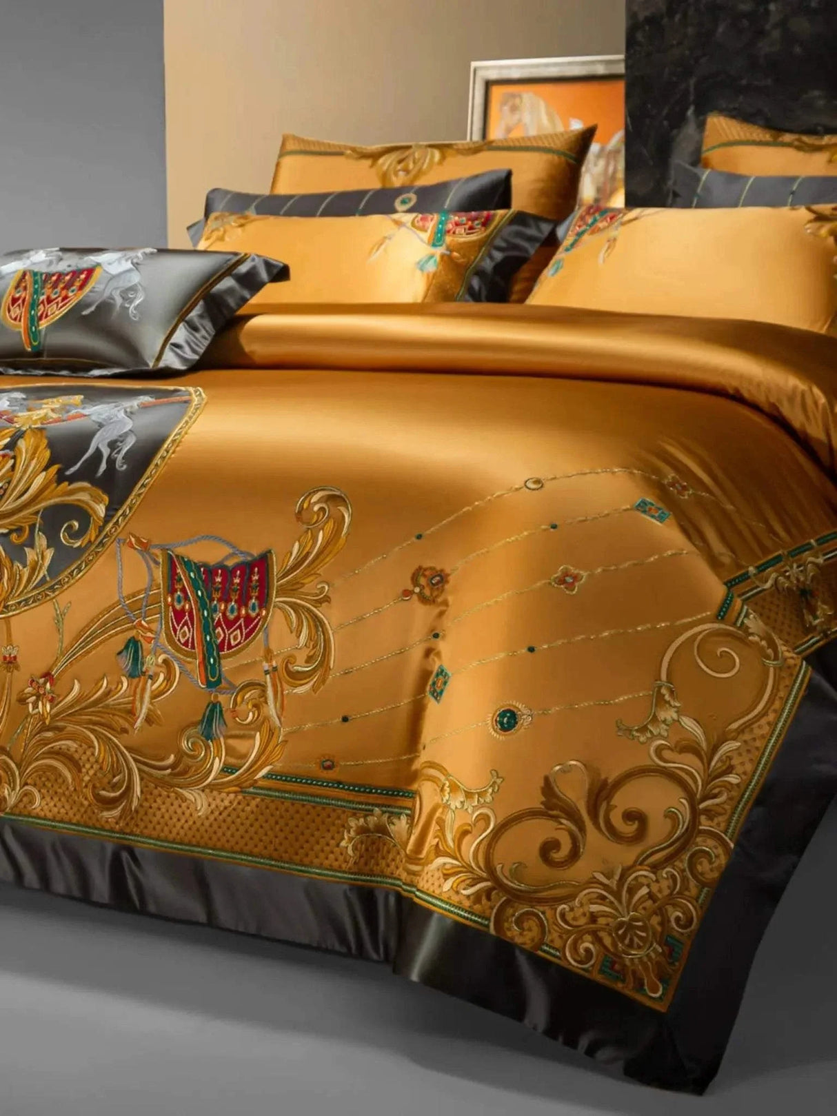 European Embroidery Palace Style Silk Cotton Bedspread Set on 1.8M Bed with elegant embroidery and luxurious satin weave
