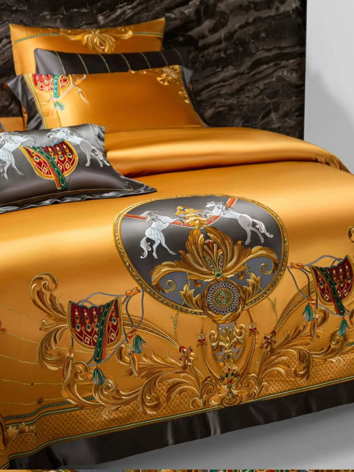 European Embroidery palace style silk cotton bedspread set on 1.8M bed with intricate embroidery and luxurious satin weave