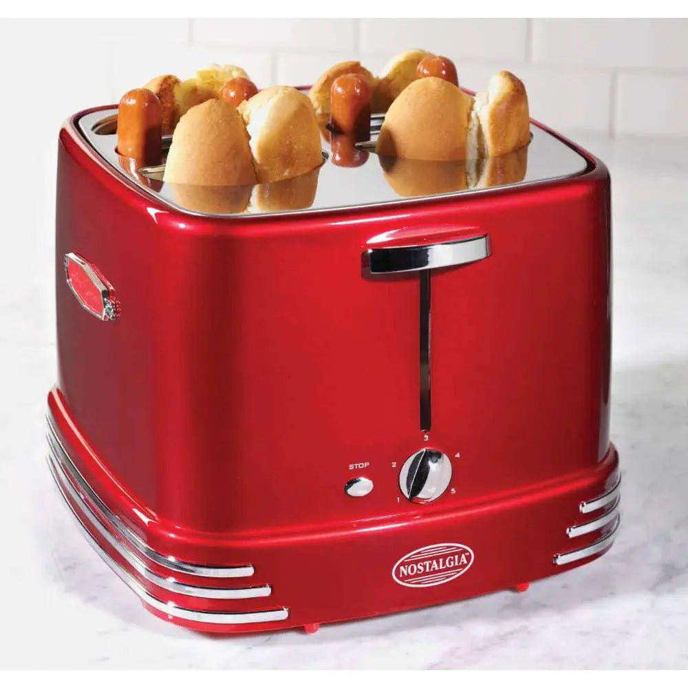 Retro Red Pop-Up Hot Dog Toaster: Toasts 4 Links and 4 Buns with Mini Tongs - Julia M LifeStyles