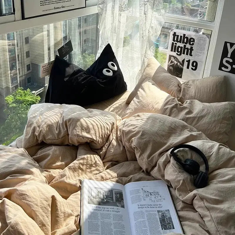 Ins washed cotton solid color four-piece suit can sleep naked in student dormitory 4 three-piece quilt cover - Julia M LifeStyles