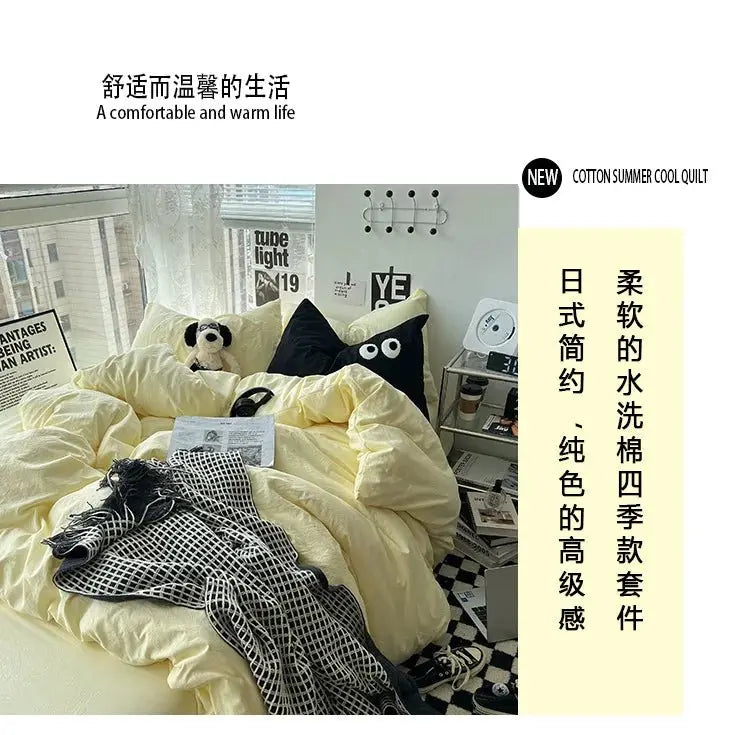Ins washed cotton solid color four - piece suit can sleep naked in student dormitory 4 three - piece quilt cover - Julia M LifeStyles