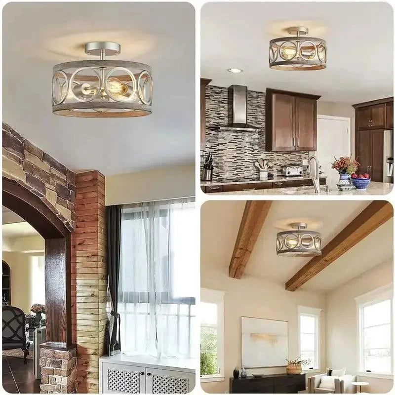 American Industrial Circular Chandelier with Retro Iron Art and Wood Grain - Julia M LifeStyles