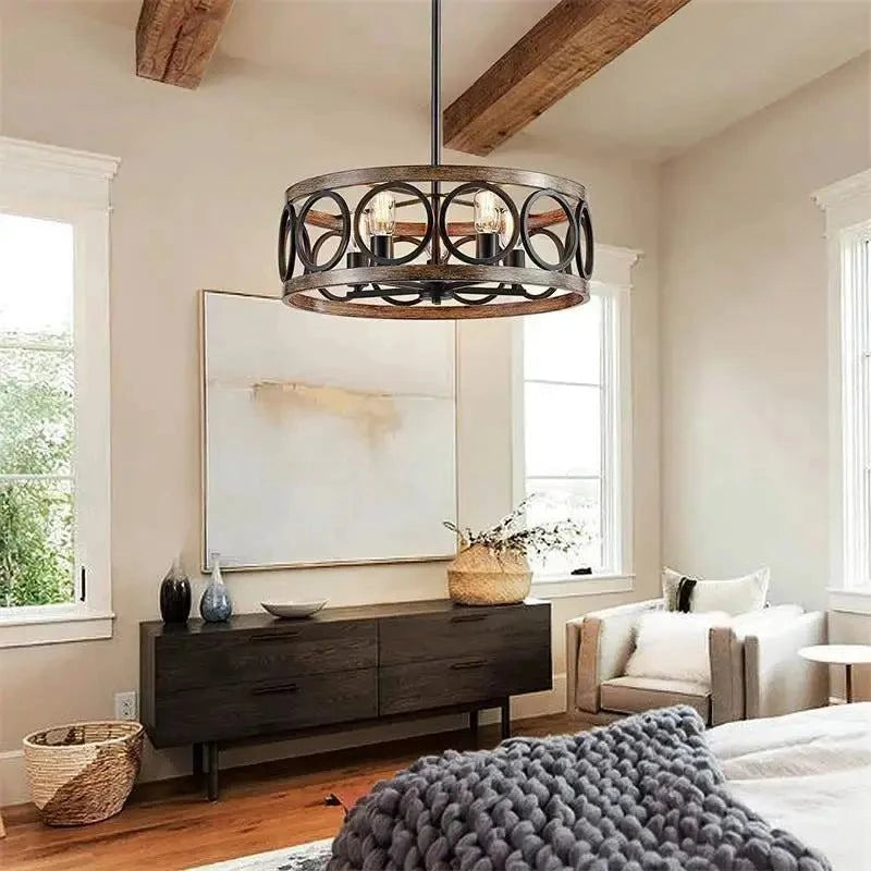American Industrial Circular Chandelier with Retro Iron Art and Wood Grain - Julia M LifeStyles