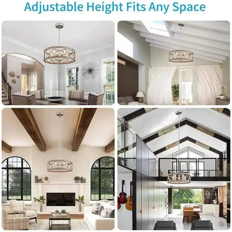 American Industrial Circular Chandelier with Retro Iron Art and Wood Grain - Julia M LifeStyles