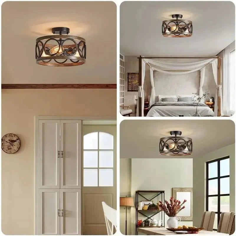 American Industrial Circular Chandelier with Retro Iron Art and Wood Grain - Julia M LifeStyles