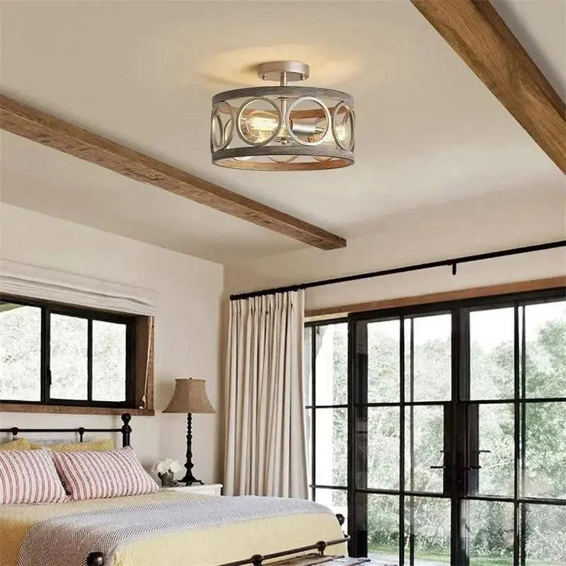 American Industrial Circular Chandelier Farmhouse Retro Iron Art Wood Grain For Restaurant Home Bedroom Ceiling Light Home Decor - Julia M LifeStyles