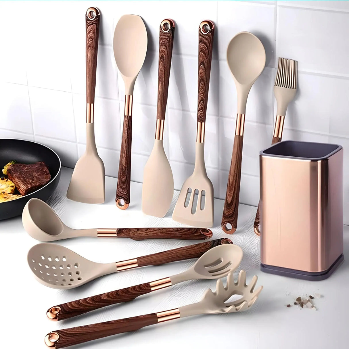 Silicone Kitchen Utensils Set - Heat Resistant, Non - stick, Rose Gold Plated Handles - Julia M LifeStyles