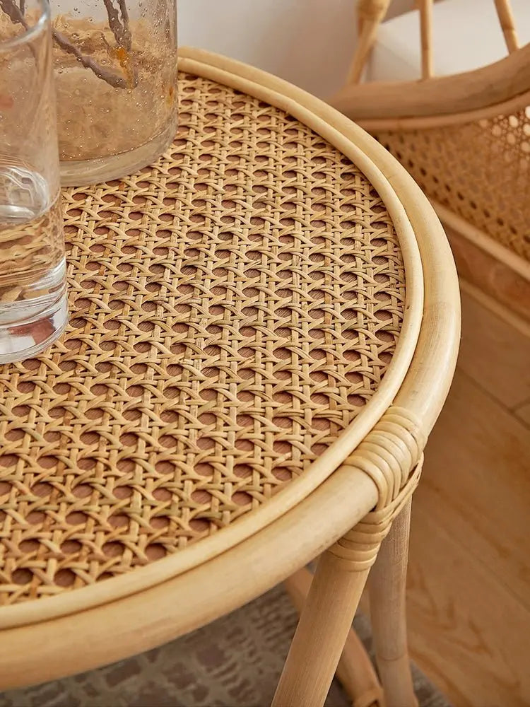 Japanese-Style Ins Rattan Glass Grid Red Small Coffee Table Minimalist Modern Creative Side Table Sofa Side Cabinet Double-Layer Small Table - Julia M LifeStyles